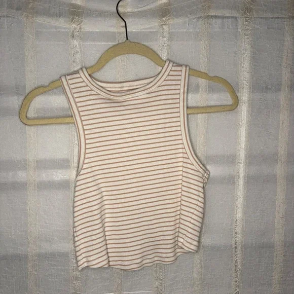 Aerie Striped Crop Tank Top Women Medium Tan White Excellent Ribbed High Neck - Picture 2 of 5